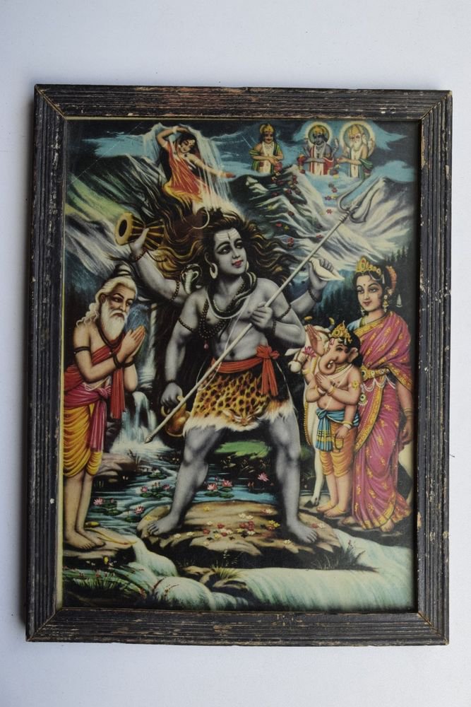 God Shiva Collectible Rare Beautiful Old Print in Old Wooden Frame India #3233