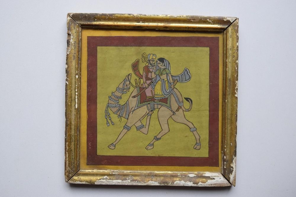 Beautiful Folk King on Camel Hand Color Painting in Old Wooden Frame India #3092
