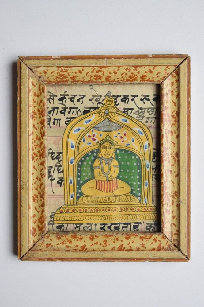 Jain God Painting on Old Manuscript Hand Color Painting in Old Wooden Frame#3098
