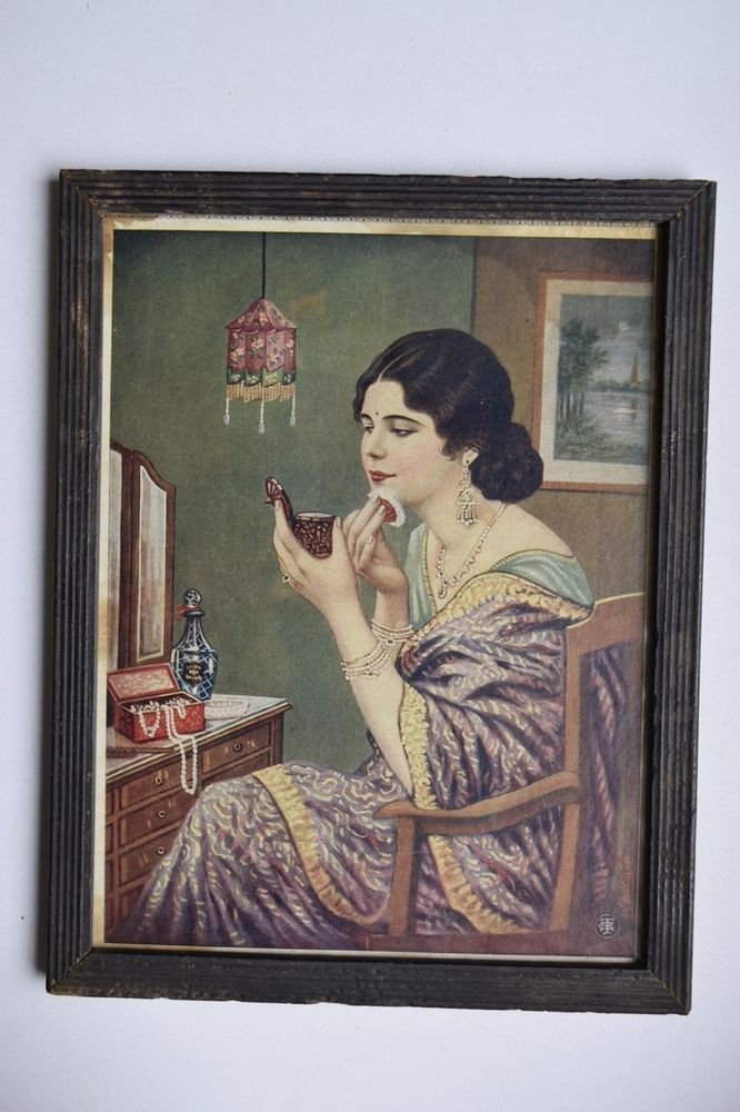 Woman Make Up Collectible Rare Old Print in Old Wooden Frame India Art #3139