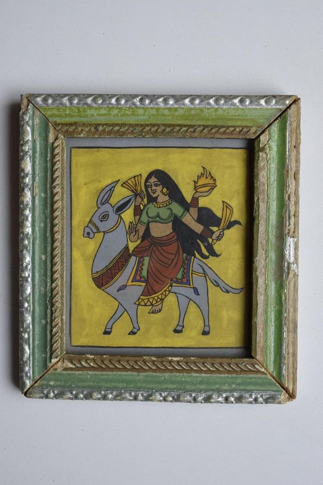 Beautiful Hindu Goddess Hand Color Folk Painting in Old Wooden Frame India #3091
