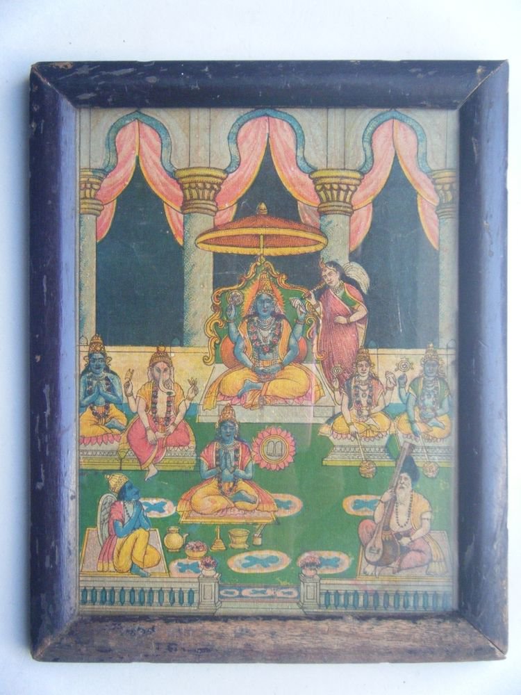 Hindu God Vishnu Rare Old Vintage Print in Old Wooden Frame Religious Art #2804