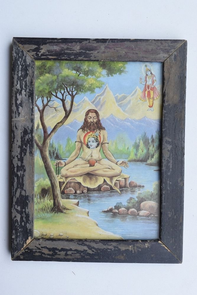 Sadhu Saint Meditation Yoga Rare Collectible Old Print in Old Wooden Frame #3273