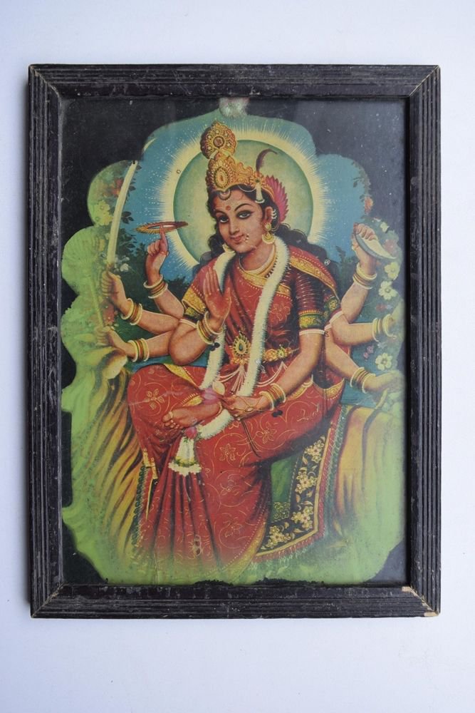Goddess Ambe Mata Collectible Rare Vintage Old Print in Old Wooden Frame #3007