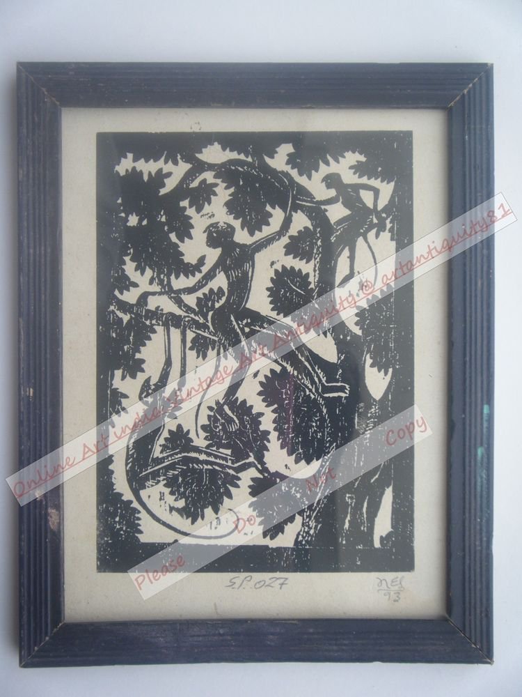 Monkeys Beautiful Signed Art Print in Old Handmade Wooden Frame India #2369