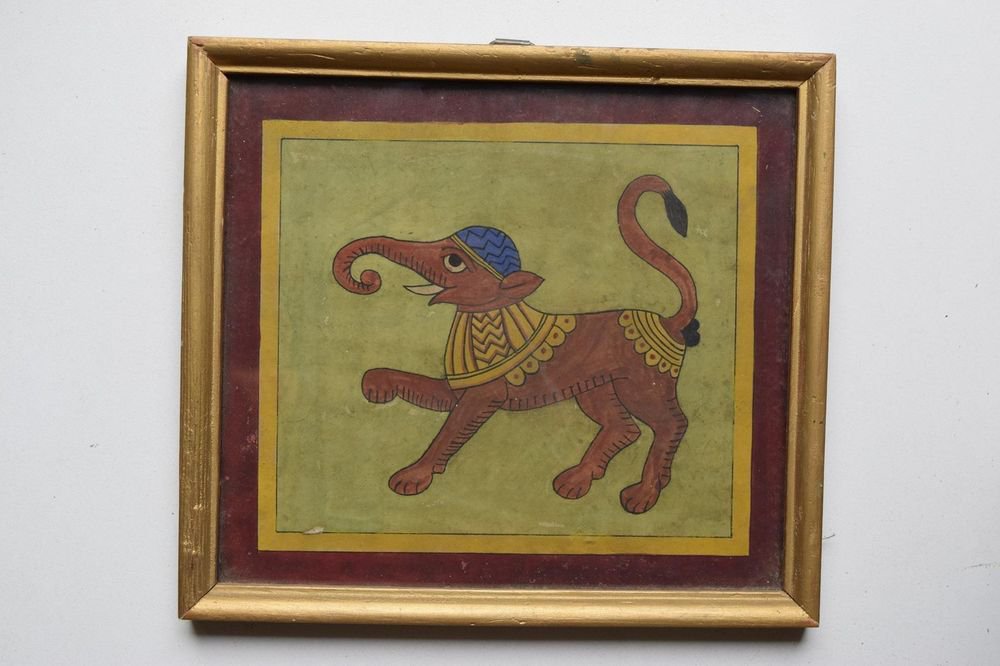 Beautiful Elephant Hand Color Folk Painting in Old Wooden Frame India #3105
