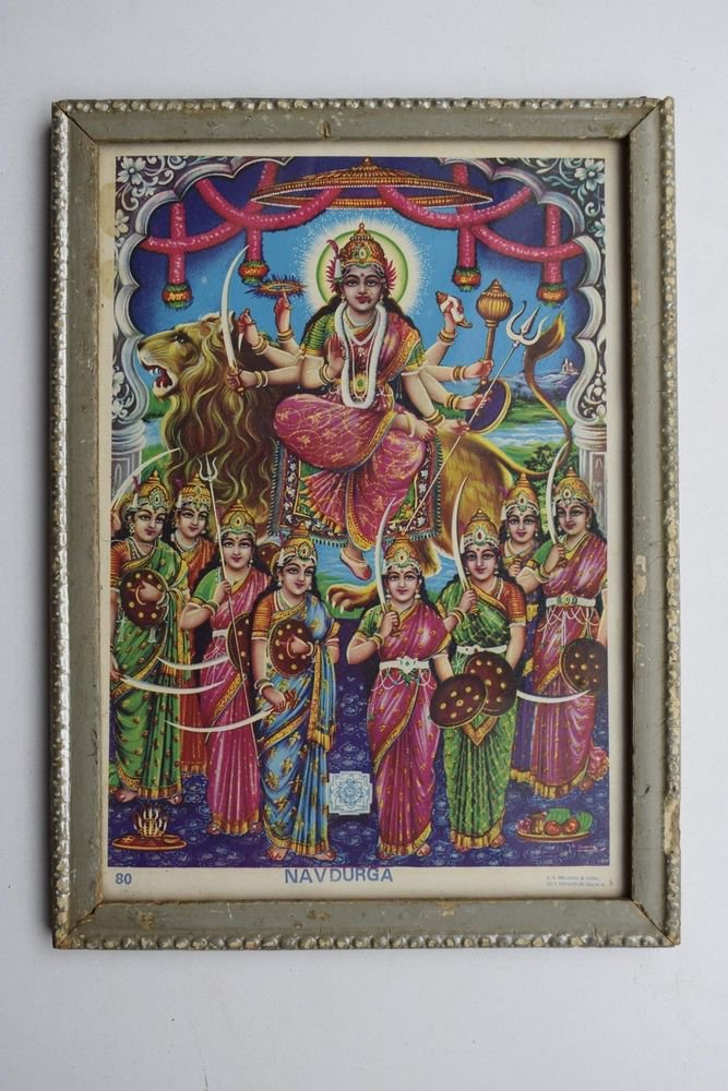 Goddess Durga Religious Rare Vintage Old Print in Old Wooden Frame #3014