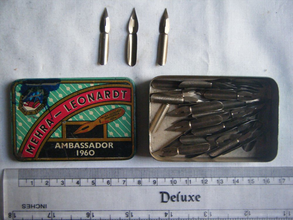 Mehra Leonardt Ambassador 1960 Old Rare Pen Nibs Lot Original Old Tin Box #262