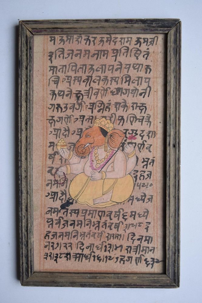 Ganesha Painting on Old Manuscript Hand Color Painting in Old Wooden Frame #3083