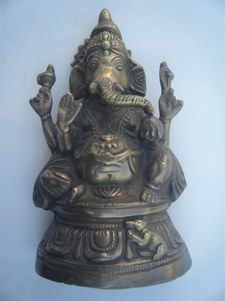 GANESHA Brass Statue Vintage Traditional Indian Elephant God Large Figure #970