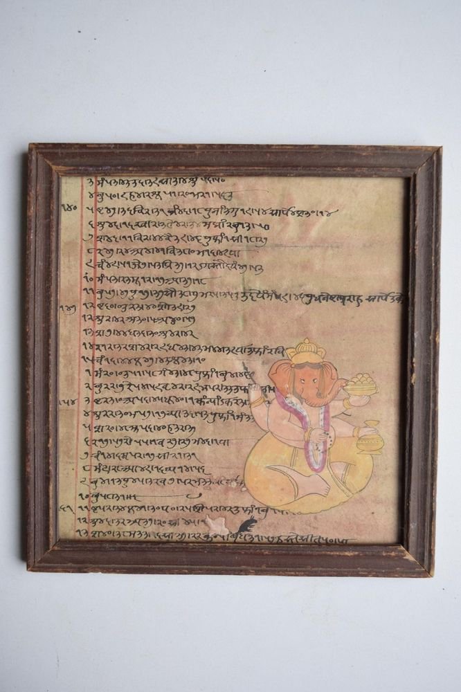Ganesha Painting on Old Manuscript Hand Color Painting in Old Wooden Frame #3084