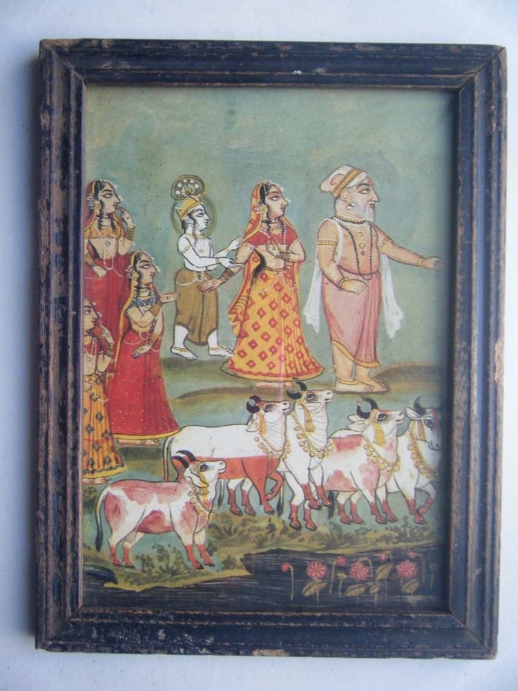 Hindu God Krishna Old Religious Print in Old Wooden Frame India Art #2825
