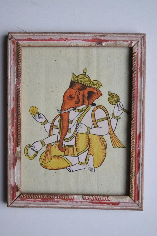 Elephant God Ganesha Old Original Hand Color Painting in Old Wooden Frame #3081