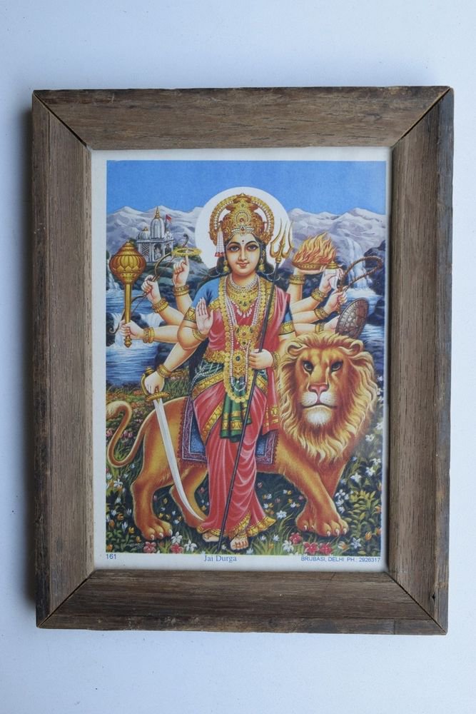 Goddess Durga Collectible Rare Old Religious Art Print in Old Wooden Frame #3338