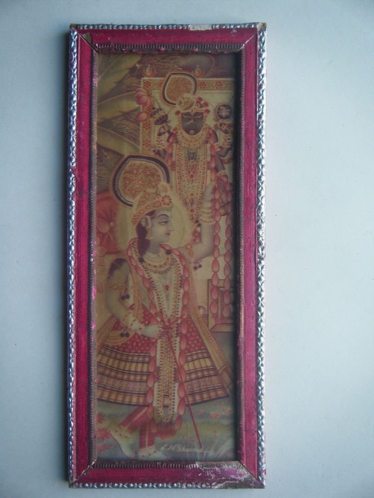 Hindu God Krishna Nice Old Religious Print in Old Wooden Frame India Art #2816