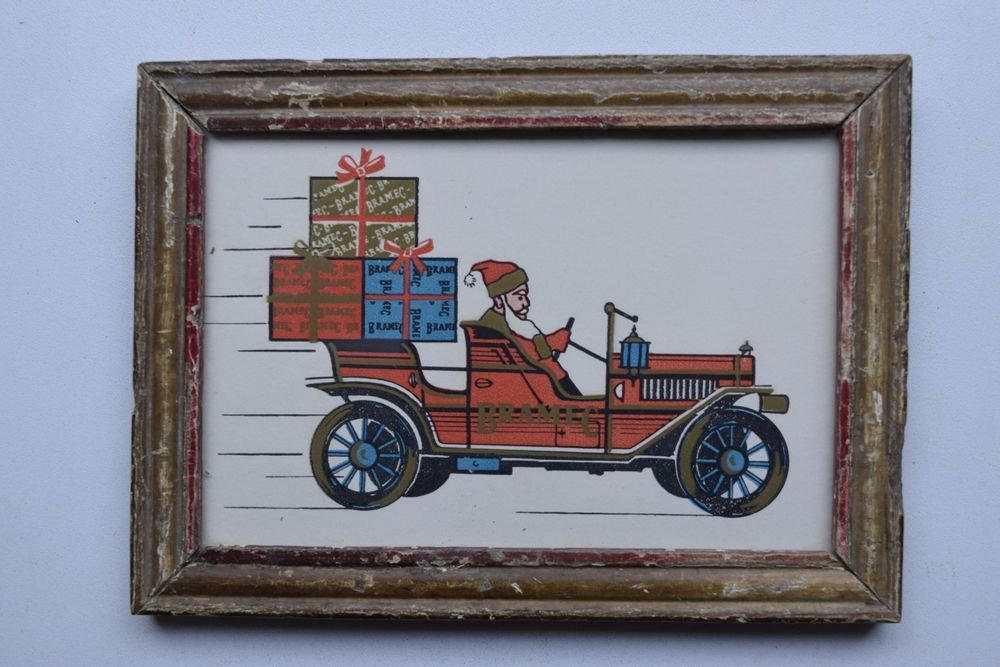 Santa Clause Christmas Beautiful Vintage Old Print in Old Wooden Frame #2996