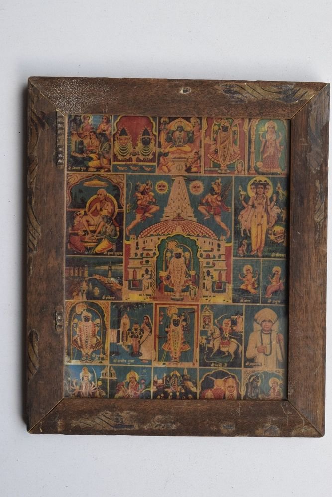 Shrinathji All Gods Old Original Hand Color Painting in Old Wooden Frame #3225