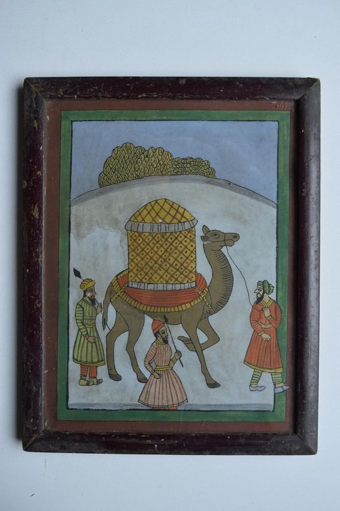 Beautiful Folk Style Camel Hand Color Painting in Old Wooden Frame India #3088