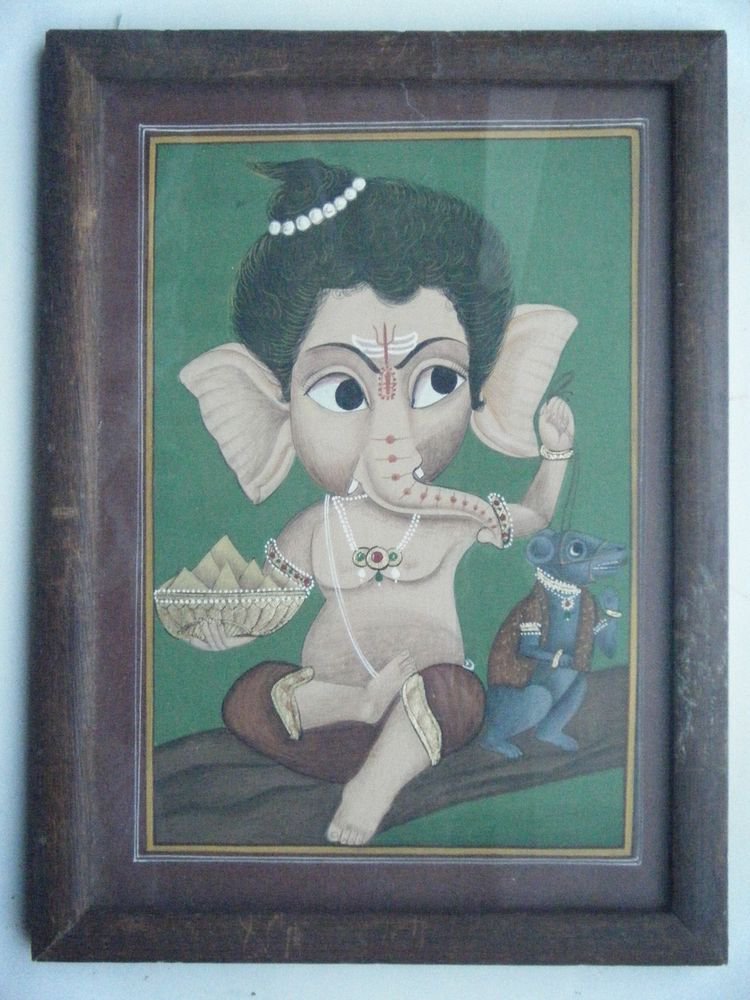 Hindu God Ganesha Old Original Color Hand Painting in Old Wooden Frame #2680