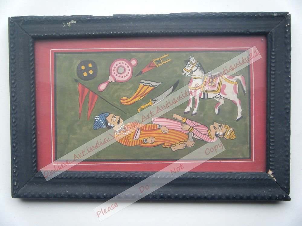 Beautiful Folk Style Original Hand Color Painting in Old Wooden Frame India#2566