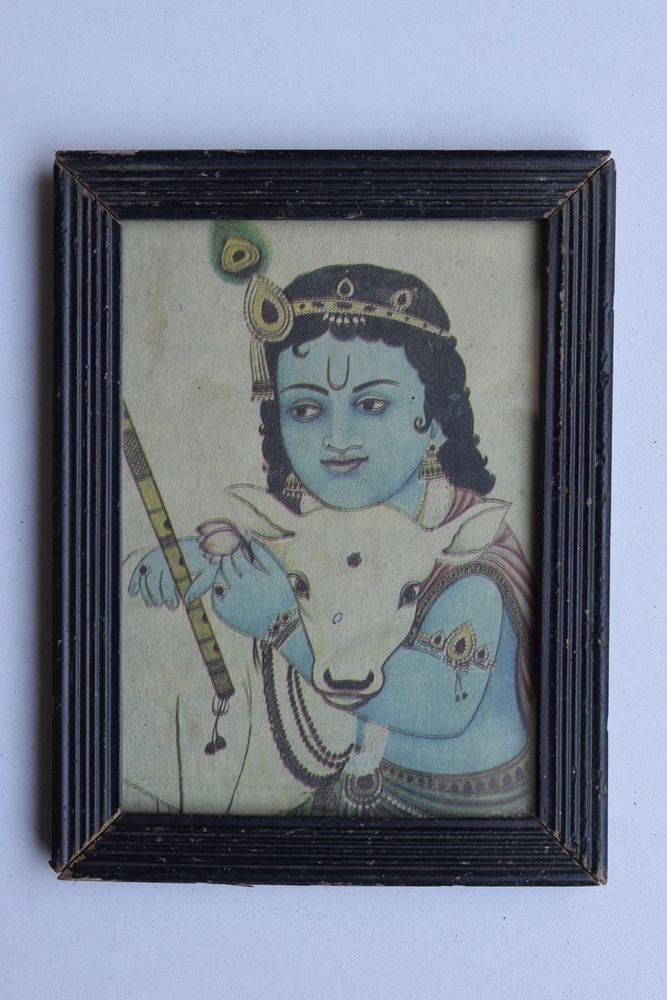 Krishna Collectible Rare Old Art Print in Old Wooden Frame from India #3308