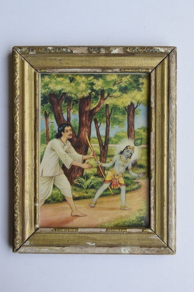 Krishna Collectible Rare Old Art Print in Old Wooden Frame from India #3297