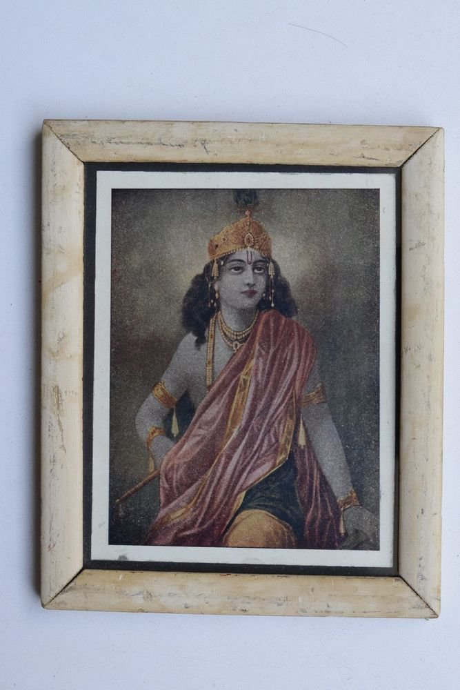 Krishna Collectible Rare Old Art Print in Old Wooden Frame from India #3302
