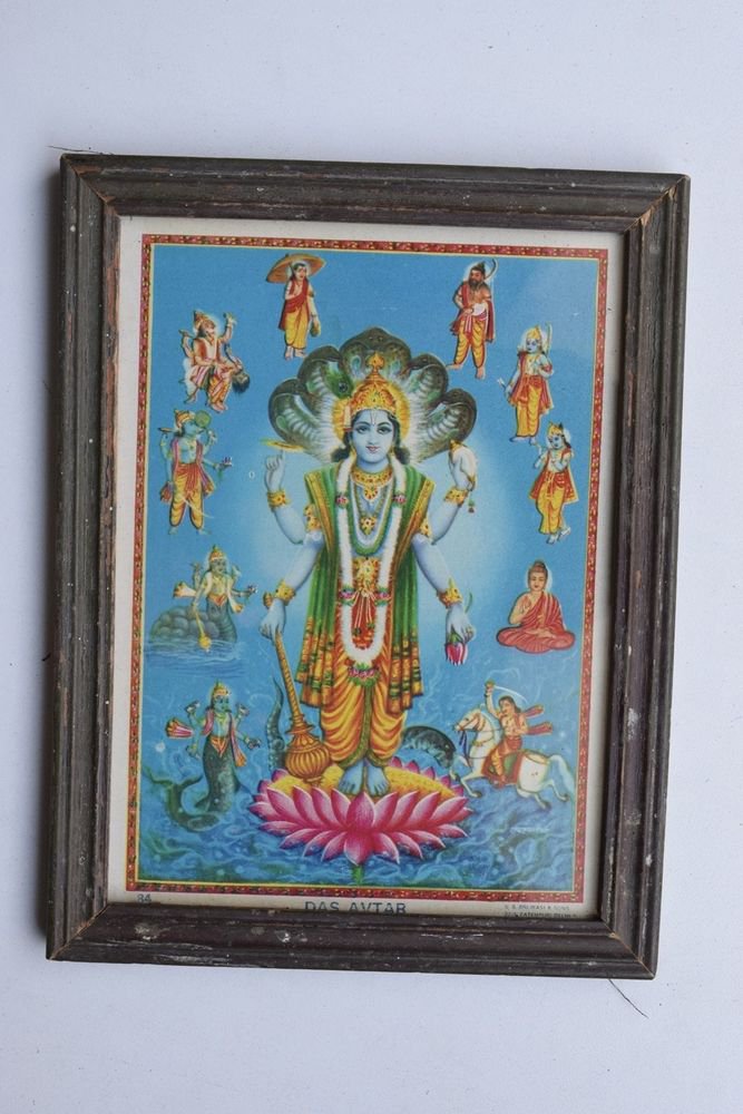 Vishnu Avatar Collectible Rare Old Religious Art Print in Old Wooden Frame #3329
