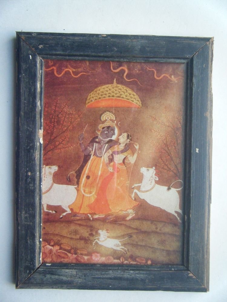 Hindu God Krishna Nice Old Religious Print in Old Wooden Frame India Art #2817