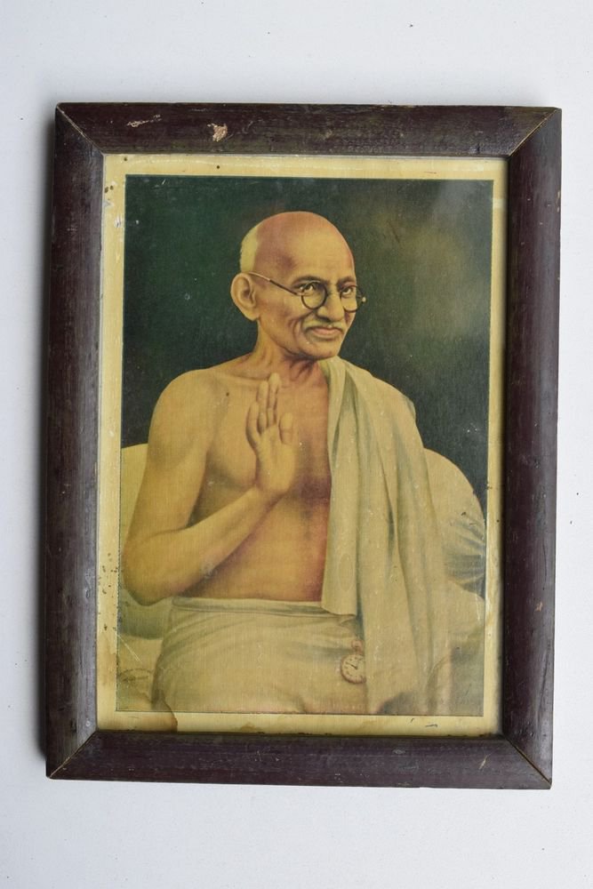 Mahatma Gandhi Bapu Rare Beautiful Vintage Print in Old Wooden Frame India #3214