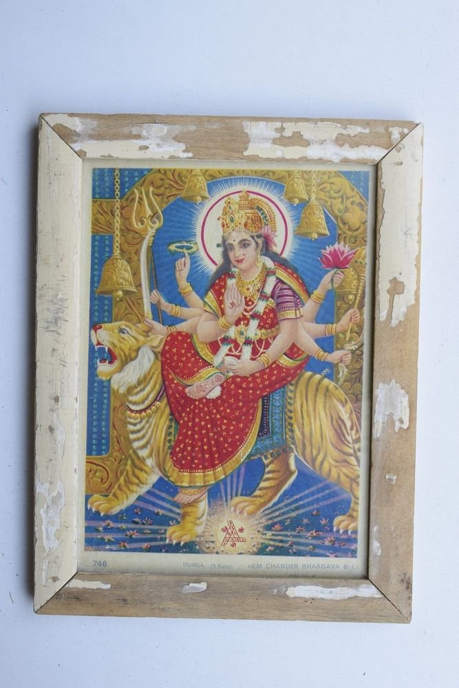 Goddess Durga Collectible Rare Old Religious Art Print in Old Wooden Frame #3339