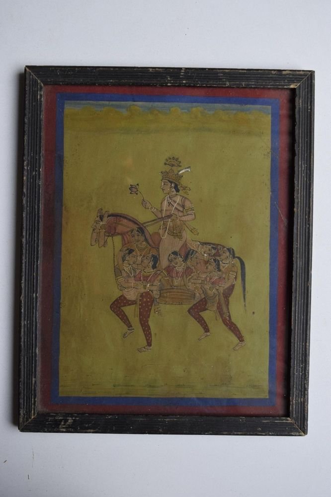 Hindu God on Horse Rare Hand Color Folk Painting in Old Wooden Frame India #3093