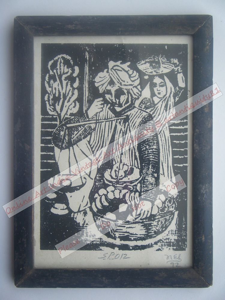 Beautiful Fruit Seller Signed Art Print in Old Handmade Wooden Frame India #2379