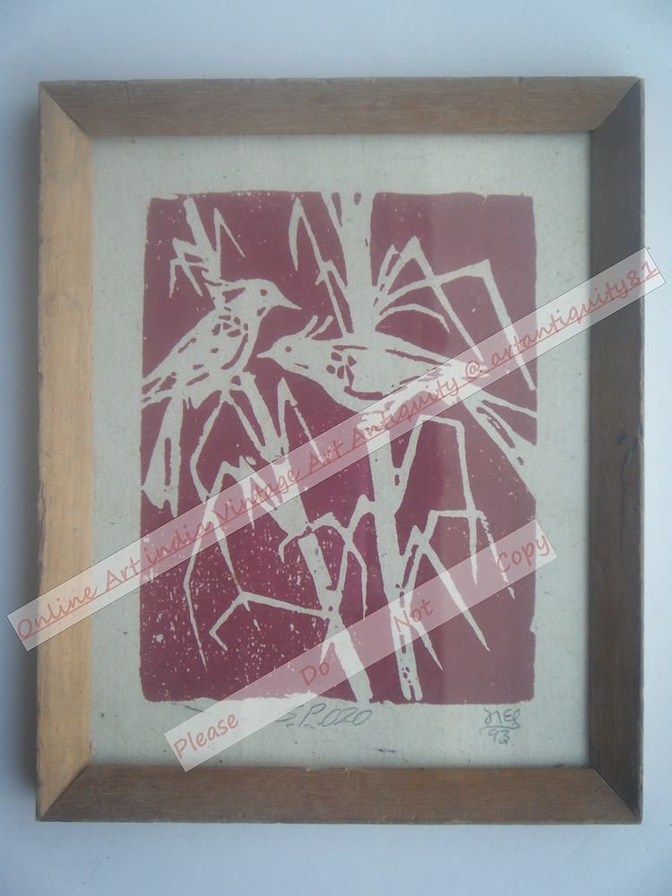 Beautiful Signed Art Print of Birds in Old Handmade Wooden Frame India #2384