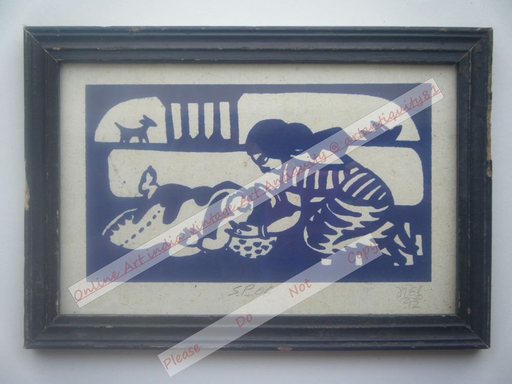 Mother Child Beautiful Signed Art Print in Old Handmade Wooden Frame India #2371