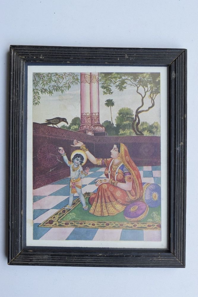 Krishna God Collectible Rare Old Art Print in Old Wooden Frame from India #3282