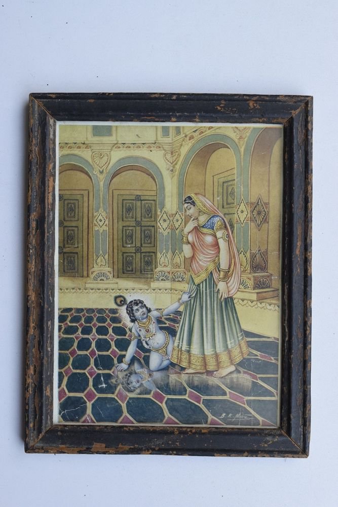 Krishna God Collectible Rare Old Art Print in Old Wooden Frame from India #3283