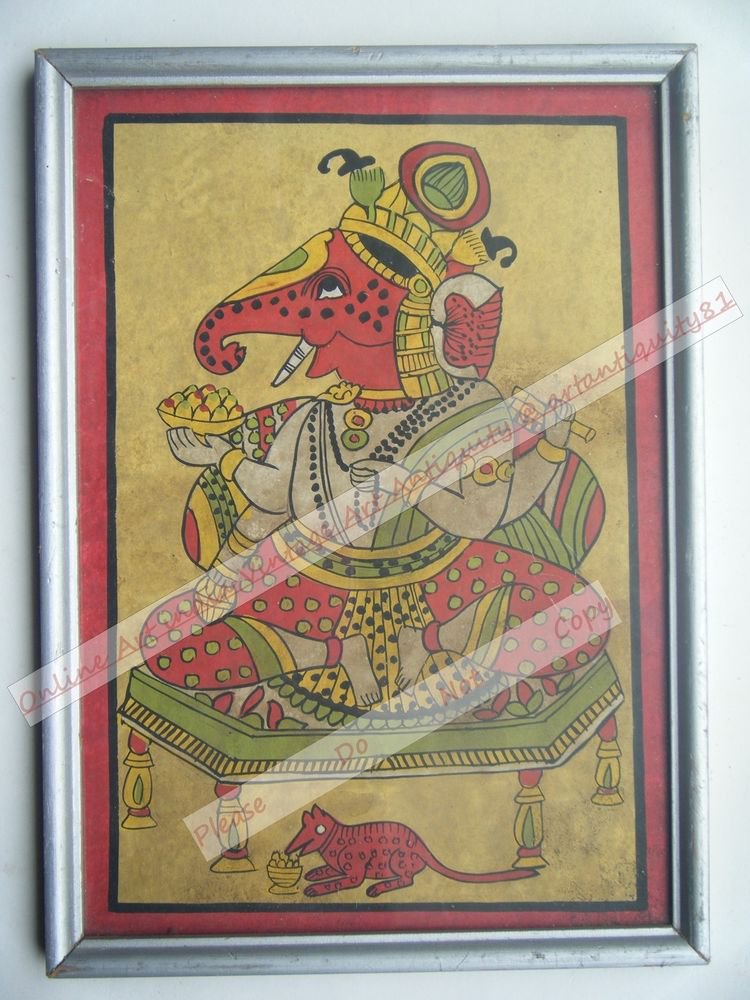 Hindu God Ganesha Old Original Hand Color Painting in Old Wooden Frame #2568