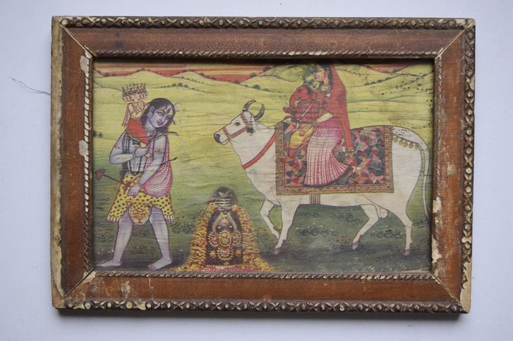 Kali Shiva Lingam Ganesh Parvati Print in Old Wooden Frame Religious Art #3149