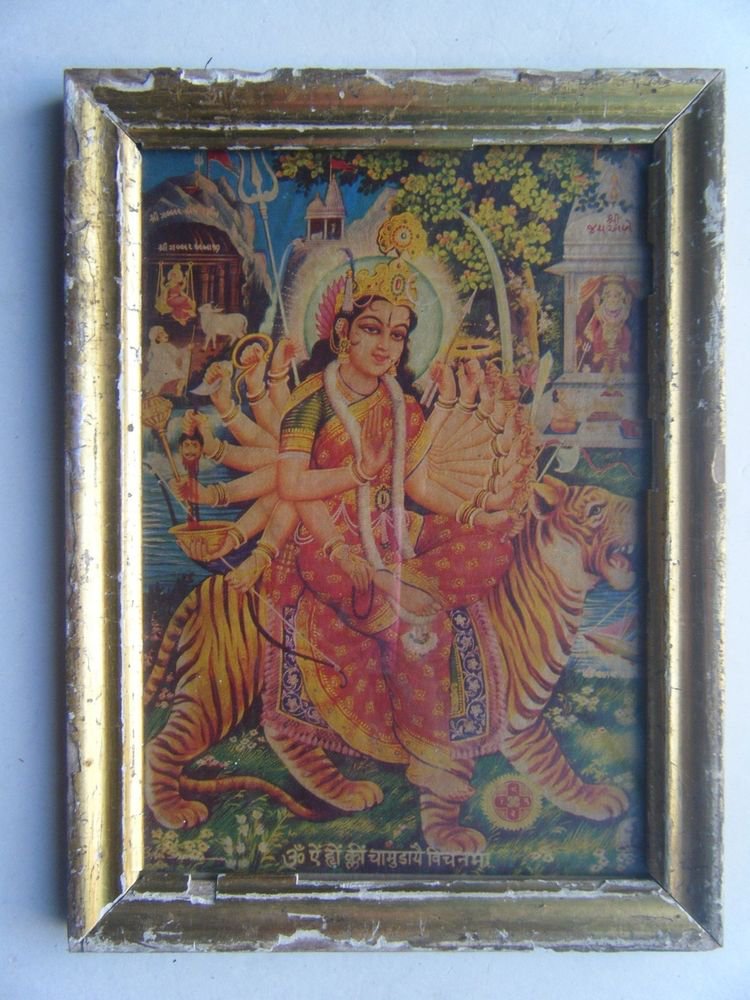 Hindu God Ganesha Old Religious Print in Old Wooden Frame India Art #2866