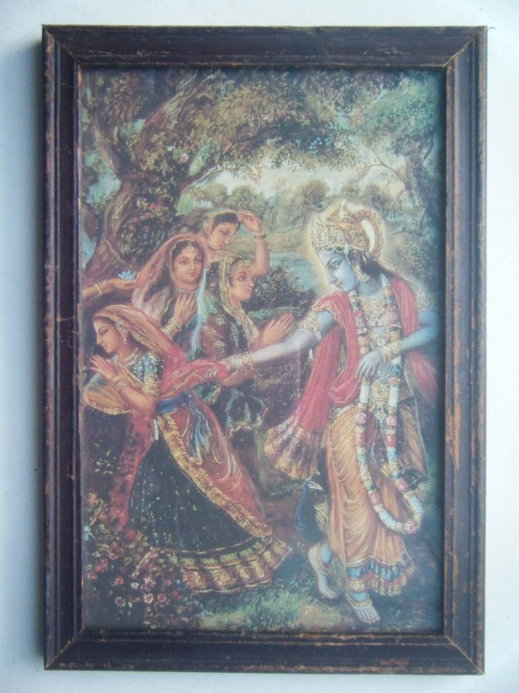 Hindu God Krishna Rare Old Religious Print in Old Wooden Frame India Art #2770