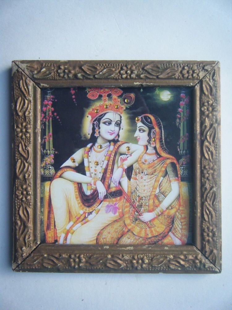 Hindu God Krishna Rare Old Religious Print in Old Wooden Frame India Art #2773