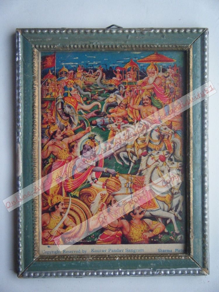 Hindu God Krishna Nice Old Religious Print in Old Wooden Frame India Art #2451