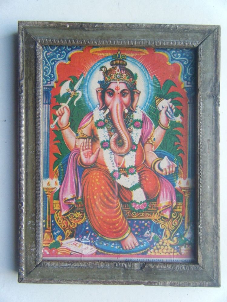 Hindu God Ganesha Old Religious Print in Old Wooden Frame India Art #2864