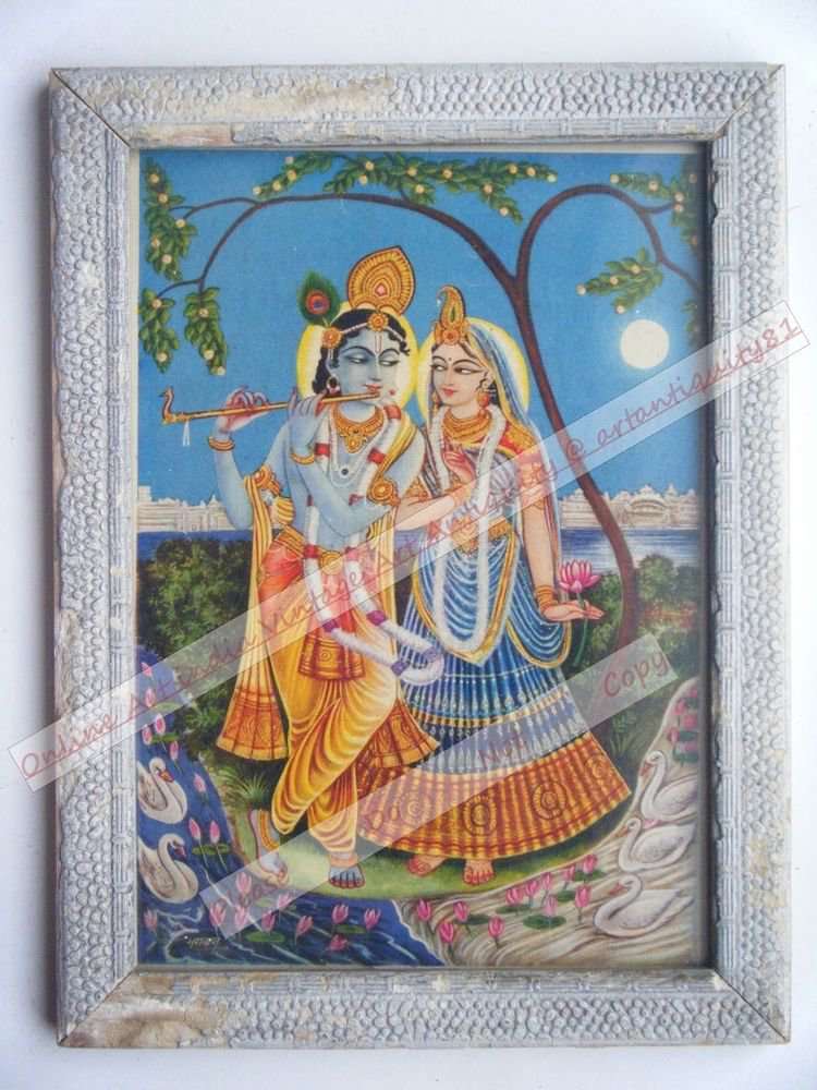 Hindu God Krishna Nice Old Religious Print in Old Wooden Frame India Art #2463