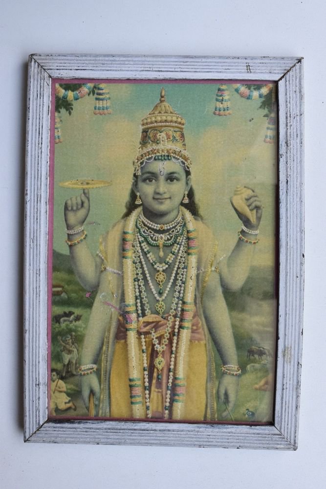 Vishnu Collectible Rare Old Religious Art Print in Old Wooden Frame #3321