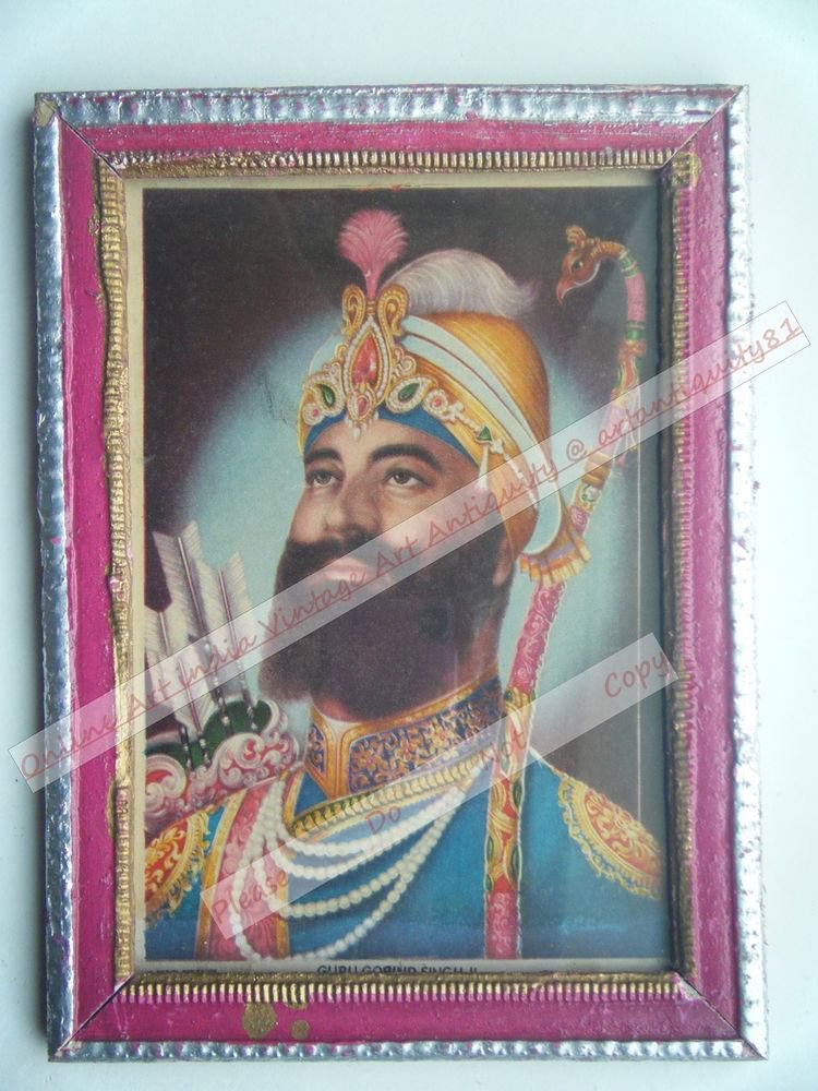 Sikh Guru Govind Singhji Old Religious Print in Old Wooden Frame India Art #2501