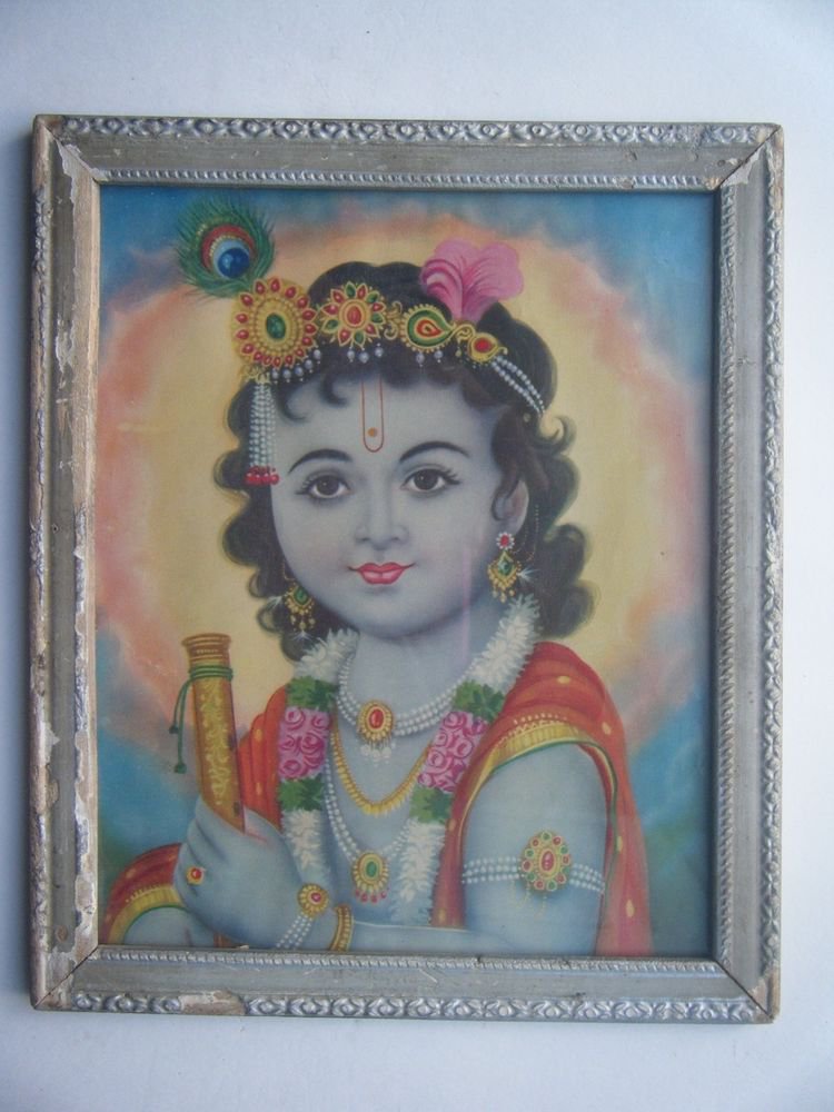 Hindu God Krishna Rare Old Religious Print in Old Wooden Frame India Art #2778