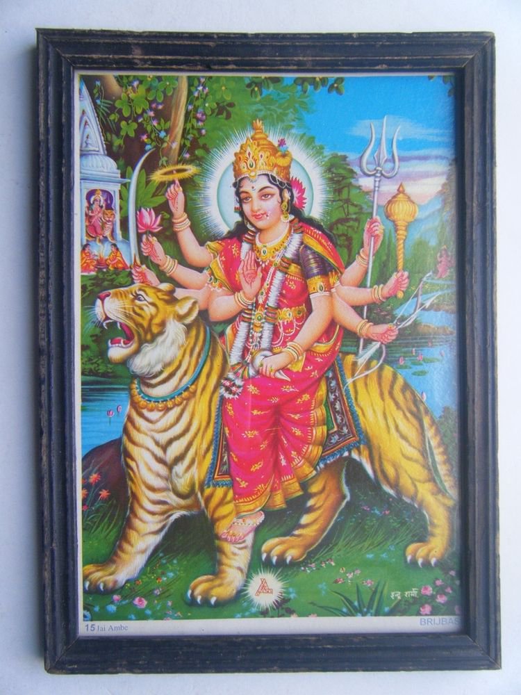Goddess Ambe Mata Rare Old Religious Print in Old Wooden Frame India Art #2860
