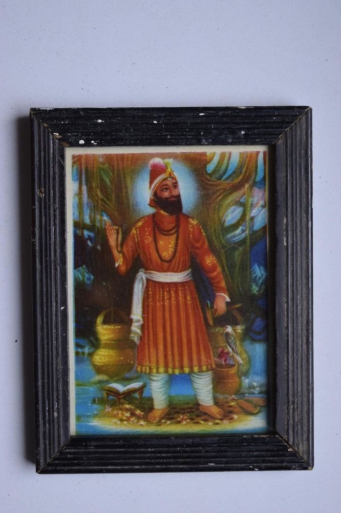Sikh Guru Govind Singhji Old Religious Print in Old Wooden Frame India Art #3141